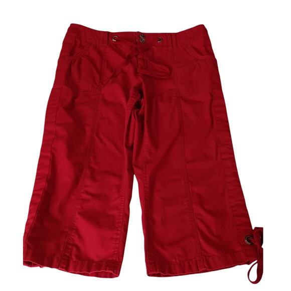 VINTAGE Y2K Pants 10 Cropped Red‎ Cotton Gathered Pockets Ties Kidcore Vacation - Picture 1 of 8